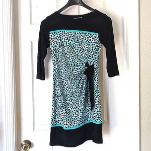 Shelby Parker dress 3/4 lengt ties at the waist with ruching. Super flattering.